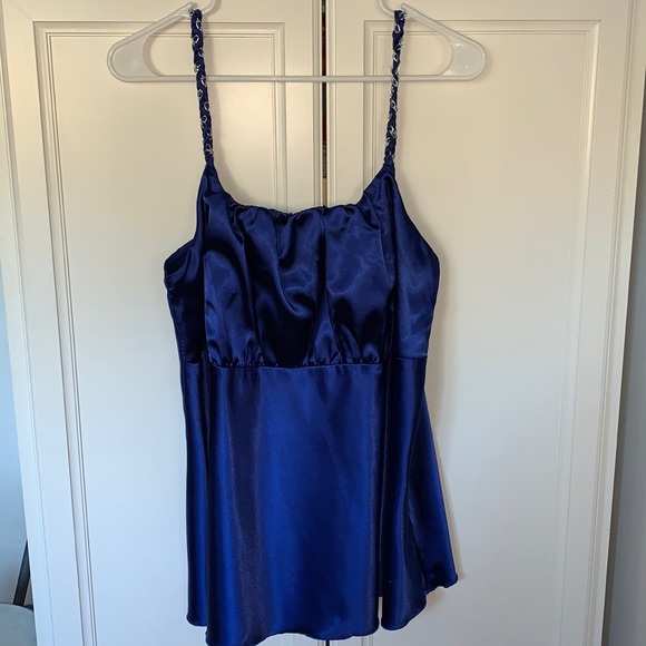 Blue Satin square neckline Empire babydoll cami tank TUNIC top XL - Picture 4 of 11